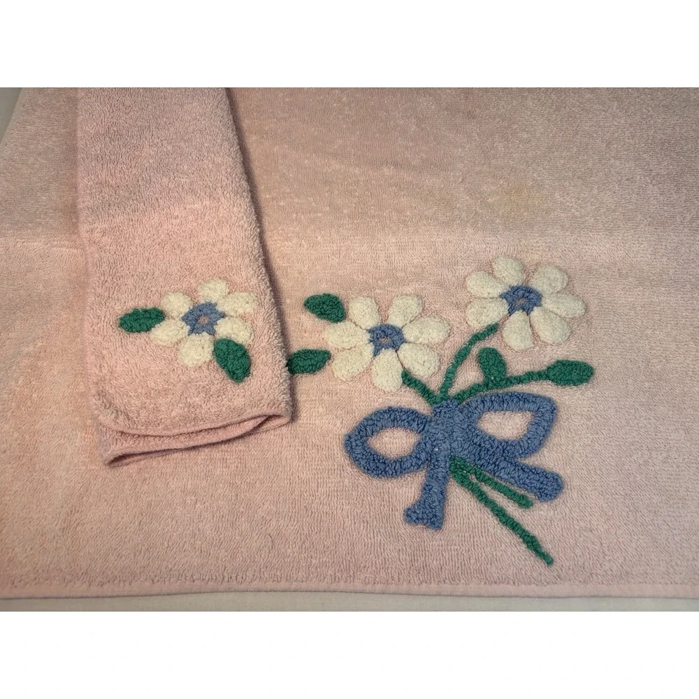 Vintage Martex Embroidered Floral Pink Terry 2pc Hand Towel & Washcloth 70's